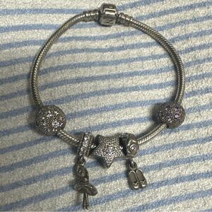 Pandora Bracelet 7” w/ Pavé Charms, Clips, Ballet Dancer & Star Charm Set